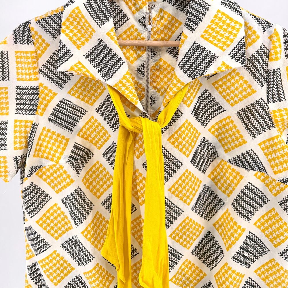 Vintage 60s Handmade Yellow Geometric Check Pleated Drop Waist Dress - Picture 2 of 7